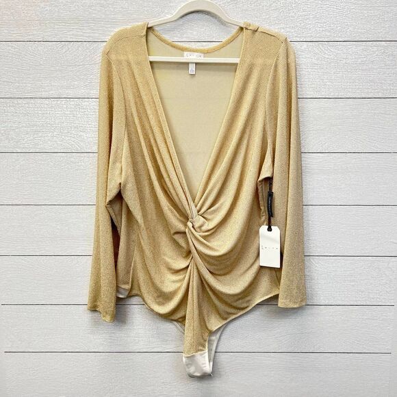 NWT Leith Beige Gold Glitter Long Sleeve Plunge Bodysuit Size 4X - Picture 1 of 11